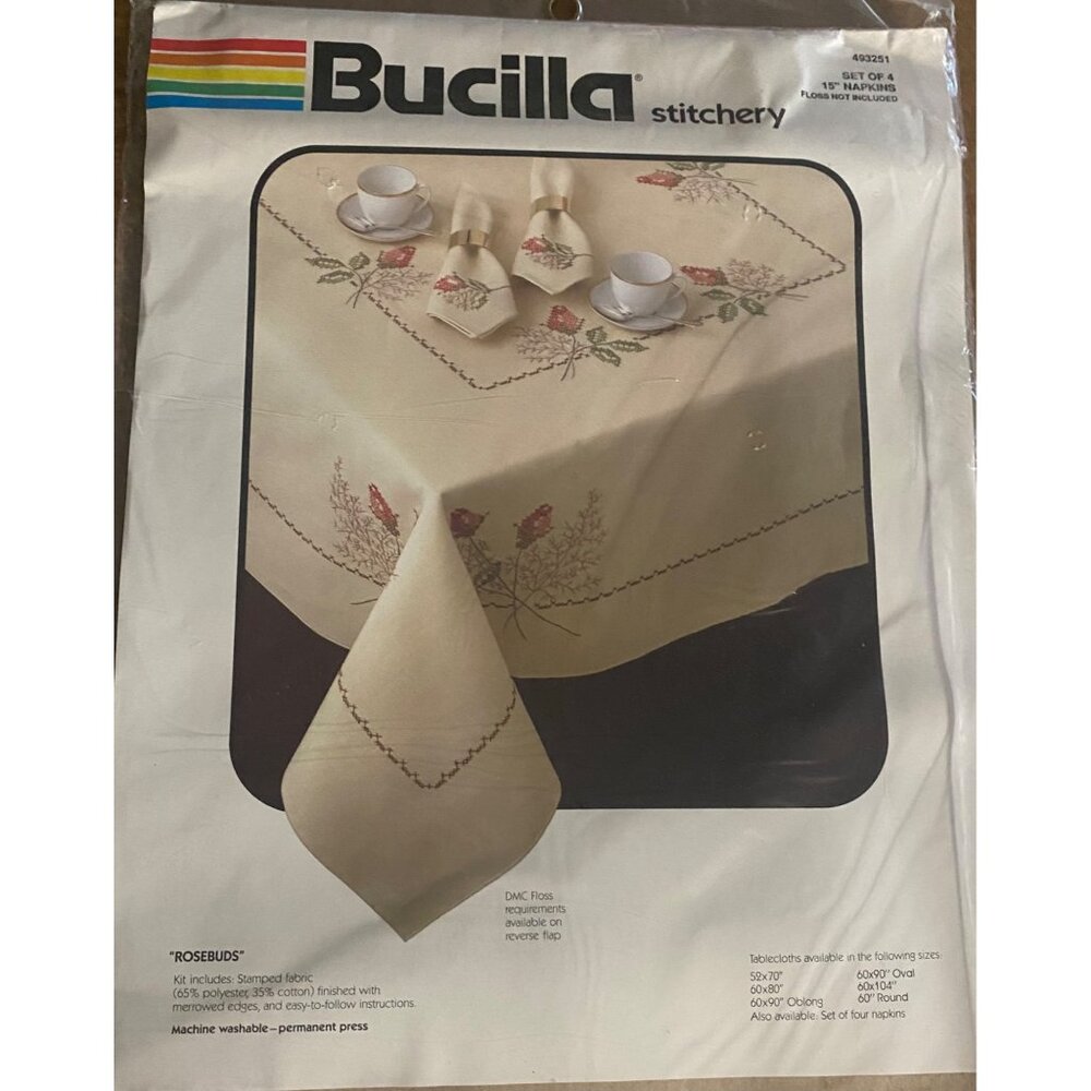 NEW Old Stock Bucilla Stitchery ROSEBUDS 15"  Set of 4 Napkins 493251